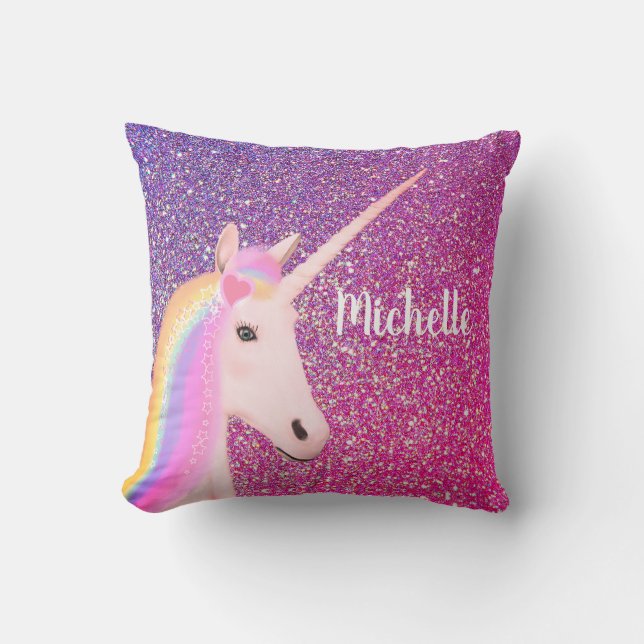 Niedlich Unicorn Rosa Lila Glitzer Ombre Sparkasse Kissen (Vorderseite)