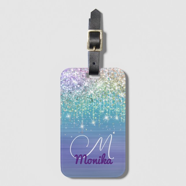 Niedlich Unicorn Türkis Lila Glitzer Imitate Glitz Gepäckanhänger (Vorderseite Vertikal)