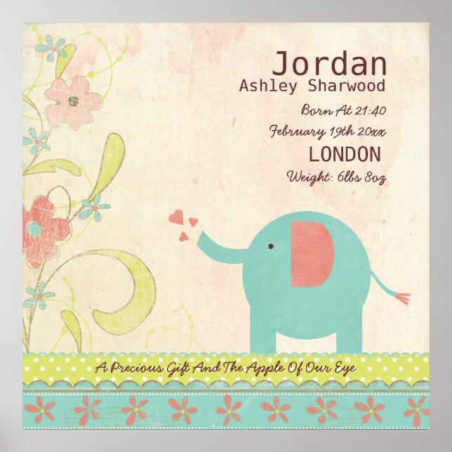 Niedlich Unisex Baby Birth Date Elephant Kinderzim Poster (Vorne)