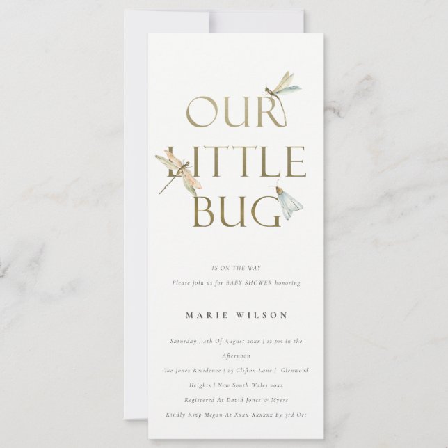 Niedlich unsere kleine Bug Gold Dragonfly Babydusc Einladung (Vorderseite)