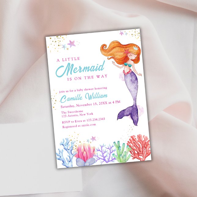 Niedlich unter der Meerjungfrau Korallendusche Einladung (Cute Under The Sea Mermaid Coral Baby Shower Invitation)