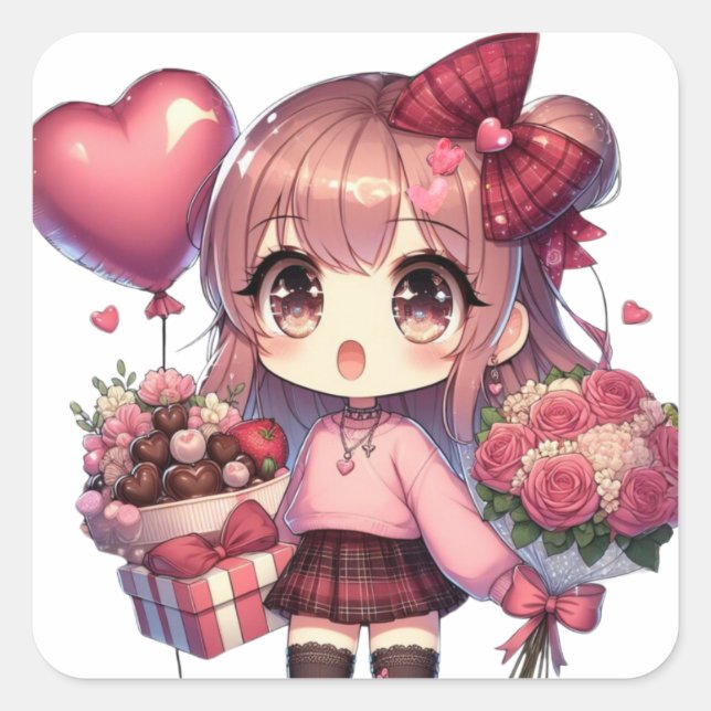 Niedlich Valentinstag-Anime Quadratischer Aufkleber (Vorderseite)