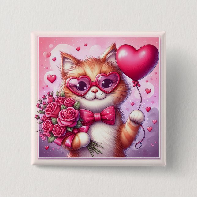 Niedlich Valentinstag Katze/Kätzchen Button (Vorderseite)