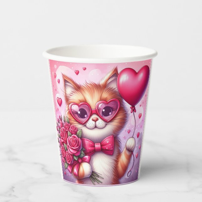 Niedlich Valentinstag Katze/Kätzchen Pappbecher (Vorderseite)