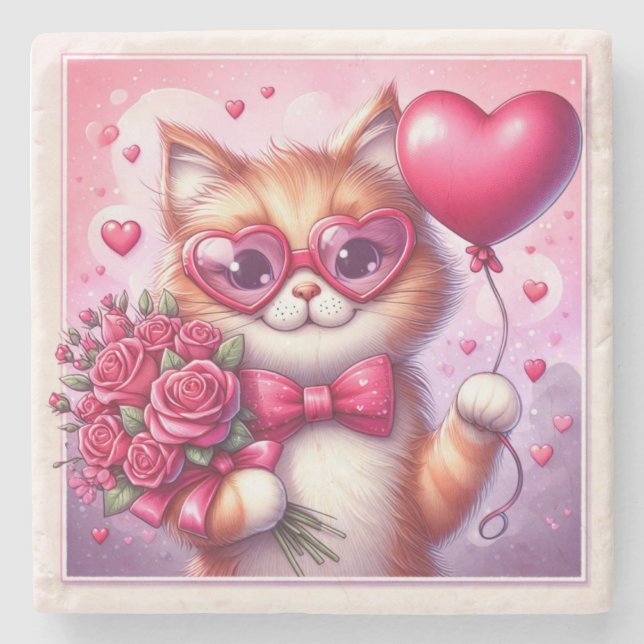 Niedlich Valentinstag Katze/Kätzchen Steinuntersetzer (Vorderseite)