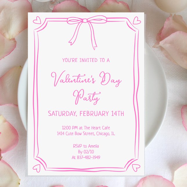 Niedlich Valentinstag Party Girly Pink Bow Herz Einladung (Von Creator hochgeladen)