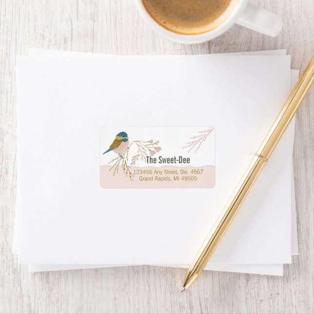 Niedlich Vector Pink Gold Chickadee Bird Herz Adressaufkleber (Insitu)
