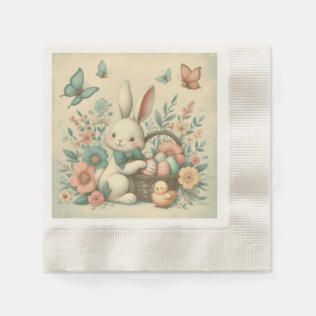 Niedlich, Vintag Osterhasen und Küken Serviette (Vorderseite)