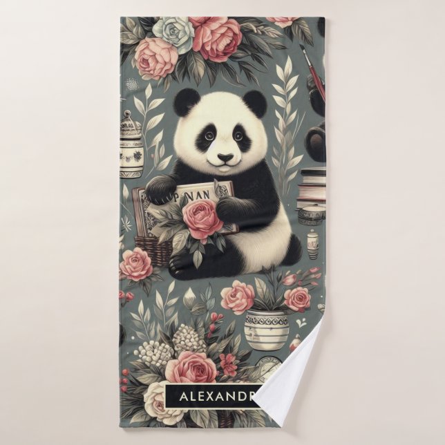 Niedlich Vintag Panda Floral Badehandtuch (Badehandtuch)