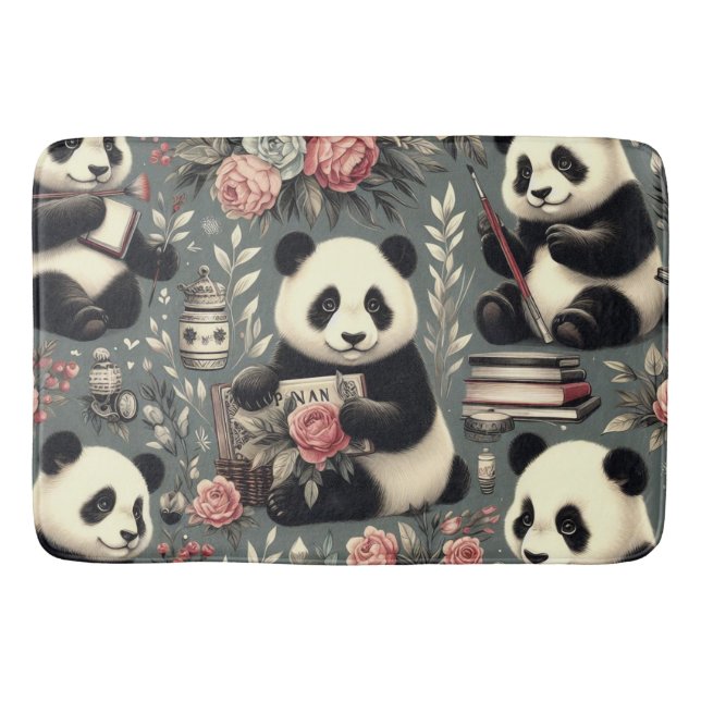 Niedlich Vintag Panda Floral Badematte (Vorderseite)