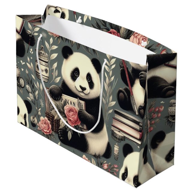 Niedlich Vintag Panda Floral Große Geschenktüte (Rückseite Schrägansicht)
