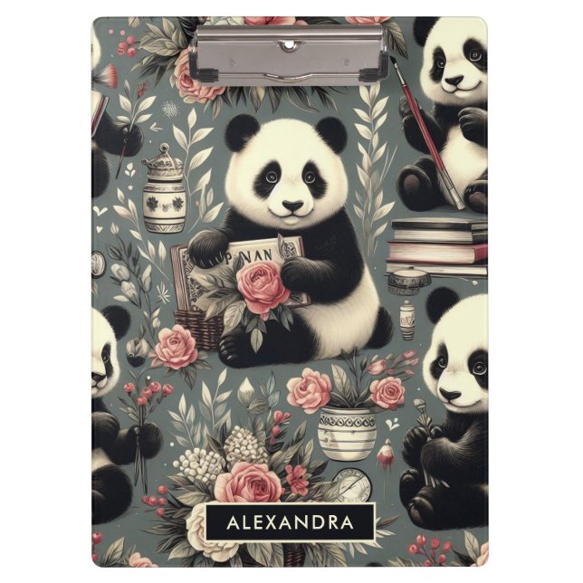 Niedlich Vintag Panda Floral Klemmbrett (Vorderseite)