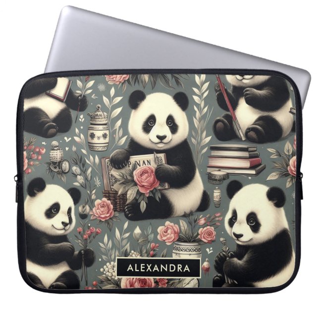 Niedlich Vintag Panda Floral Laptopschutzhülle (Vorderseite)