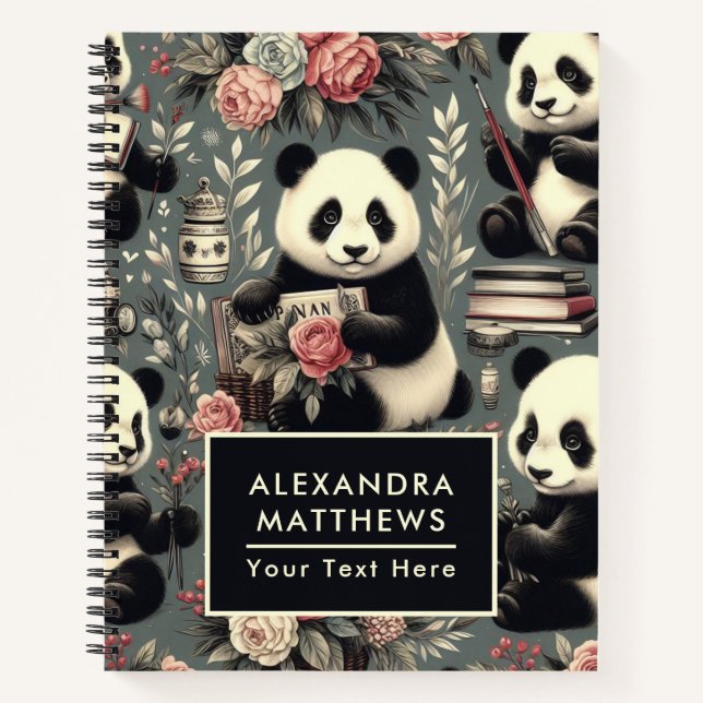 Niedlich Vintag Panda Floral Notizbuch (Vorderseite)