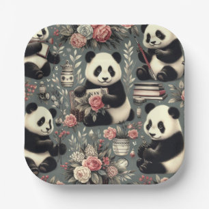 Niedlich Vintag Panda Floral Pappteller