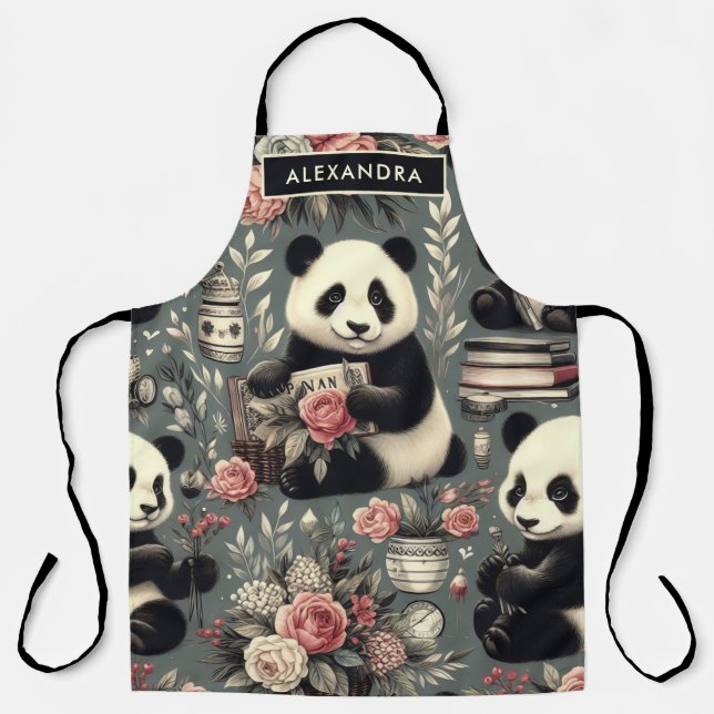 Niedlich Vintag Panda Floral Schürze (Vorderseite)