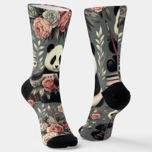 Niedlich Vintag Panda Floral Socken