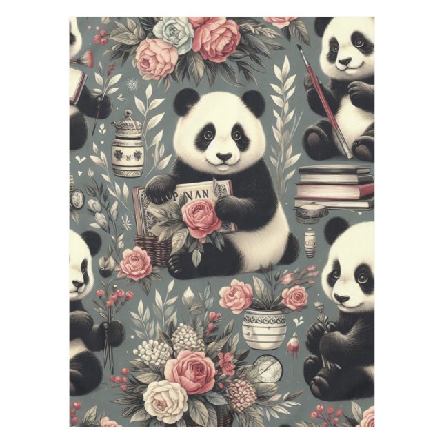 Niedlich Vintag Panda Floral Tischdecke (Vorderseite)