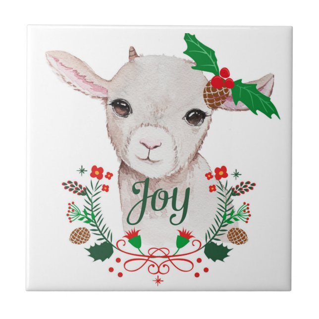 Niedlich Vintage Christmas Baby Goat - Joy Fliese (Vorderseite)