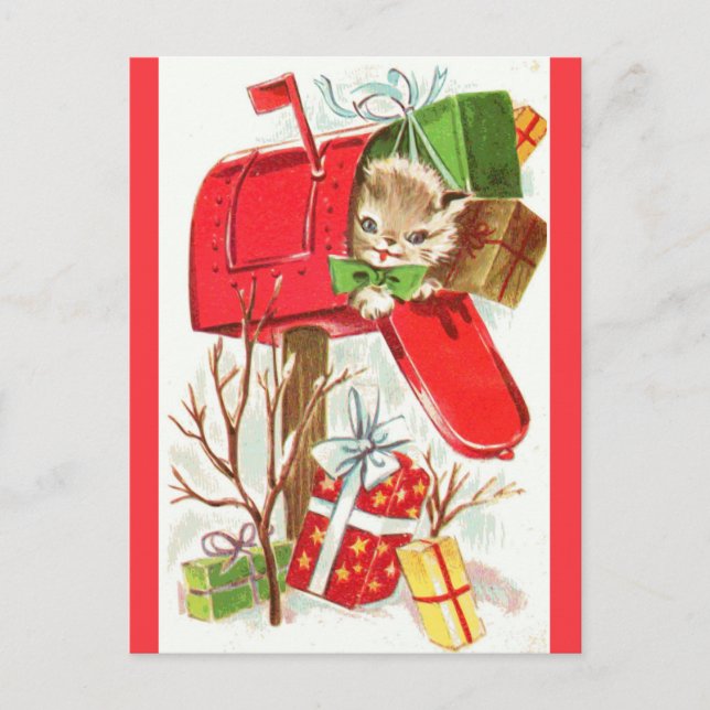 Niedlich Vintage Christmas Kitten Cat Geschenk Postkarte (Vorderseite)