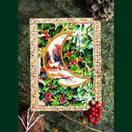 Niedlich Vintage Christmas Moon House Holly Mistle Feiertagspostkarte