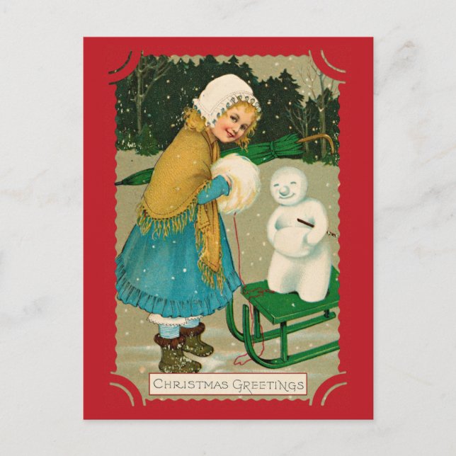 Niedlich Vintage Weihnachtsgrüße Girl Snowman Postkarte (Vorderseite)