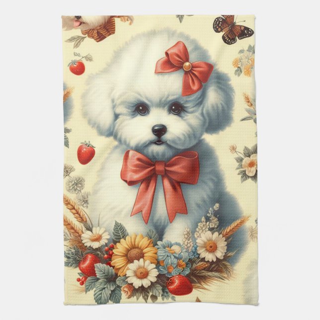 Niedlich Vintager Bichon Frisé Illustration Geschirrtuch (Vertikal)