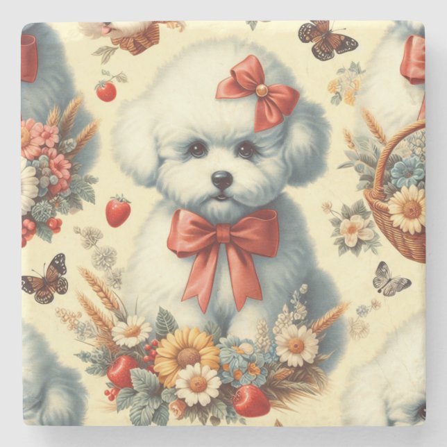 Niedlich Vintager Bichon Frisé Illustration Steinuntersetzer (Vorderseite)
