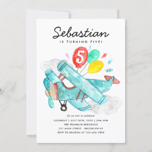 Niedlich Watercolor Blue Flugzeug Balloons Kinderg Einladung