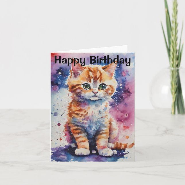Niedlich Watercolor Ginger Kitten Geburtstag Karte (Vorderseite)