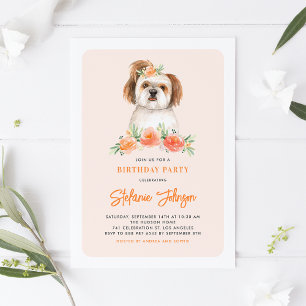 Niedlich Watercolor Shih Tzu Peach Floral Geburtst Einladung