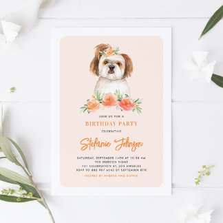 Niedlich Watercolor Shih Tzu Peach Floral Geburtst Einladung