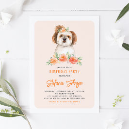 Niedlich Watercolor Shih Tzu Peach Floral Geburtst Einladung
