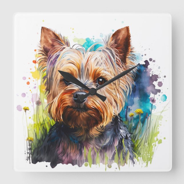 NIEDLICH WATERCOLOR YORKSHIRE TERRIER DOG QUADRATISCHE WANDUHR (Vorderseite)