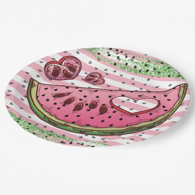 Niedlich Watermelon Pink Green Glitzer Geburtstag  Pappteller (Schrägansicht)