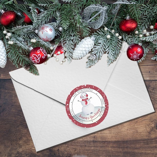 Niedlich Waving Snowman Season's Greetings Family Runder Aufkleber (Von Creator hochgeladen)