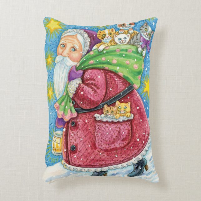 Niedlich Weihnachten, Weihnachtsmann mit Kätzchen  Dekokissen (Vorderseite(Vertikal))