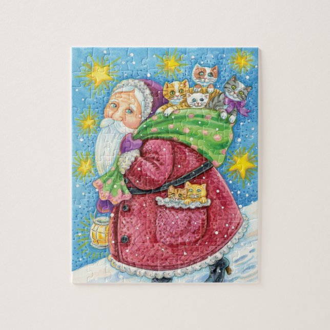 Niedlich Weihnachten, Weihnachtsmann mit Kätzchen  Puzzle (Vertikal)