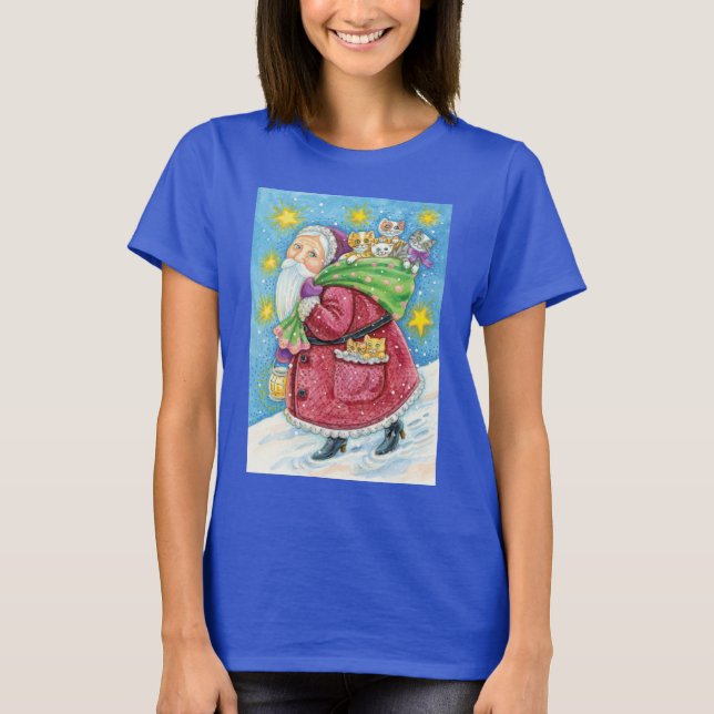 Niedlich Weihnachten, Weihnachtsmann mit Kätzchen  T-Shirt (Vorderseite)