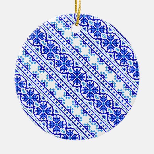 Niedlich-weiß-blaue ukrainische Streifen Keramik Ornament (Vorne)