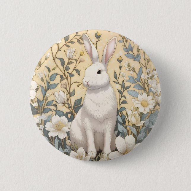 Niedlich-Weißer Hasenpasten Gelbe Blüte Button (Vorderseite)