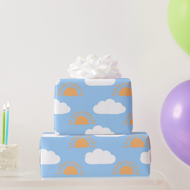 Niedlich-weißer Orangensonne und Wolken Geschenkpapier (Partygeschenke)