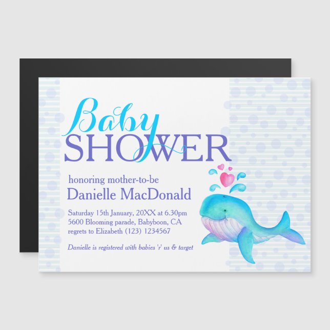 Niedlich Whale Art Babydusche Aqua lila Magneteinladung (Vorne/Hinten)