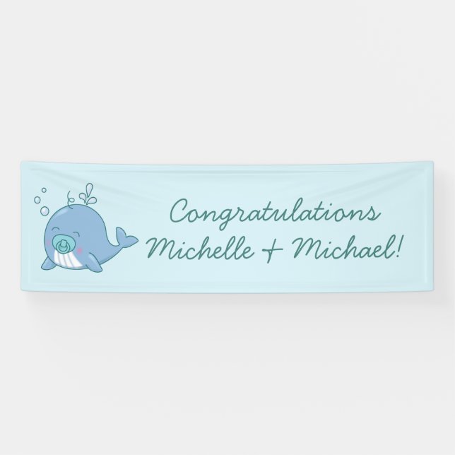 Niedlich Whale Baby Shower Kawaii Boy Blue Banner (Horizontal)