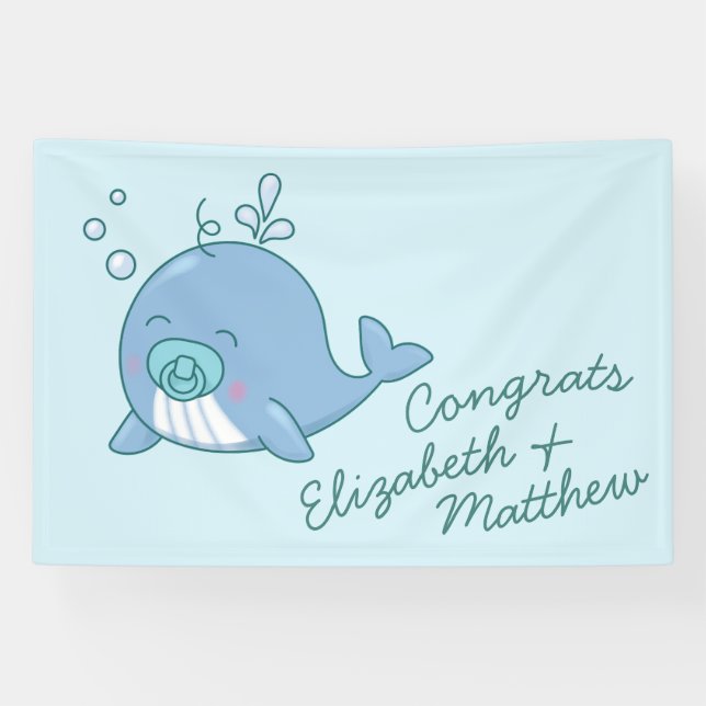 Niedlich Whale Baby Shower Kawaii Boy Blue Banner (Horizontal)