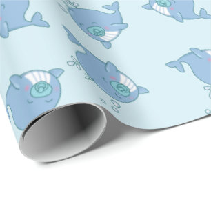 Niedlich Whale Baby Shower Kawaii Boy Blue Geschenkpapier