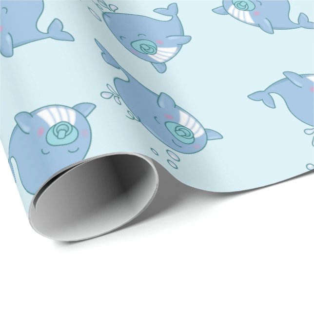 Niedlich Whale Baby Shower Kawaii Boy Blue Geschenkpapier (Rolleneckpunkt)
