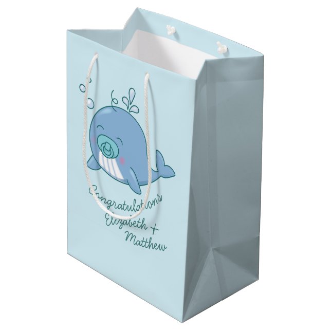 Niedlich Whale Baby Shower Kawaii Boy Blue Mittlere Geschenktüte (Rückseite Schrägansicht)