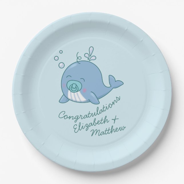Niedlich Whale Baby Shower Kawaii Boy Blue Pappteller (Vorderseite)