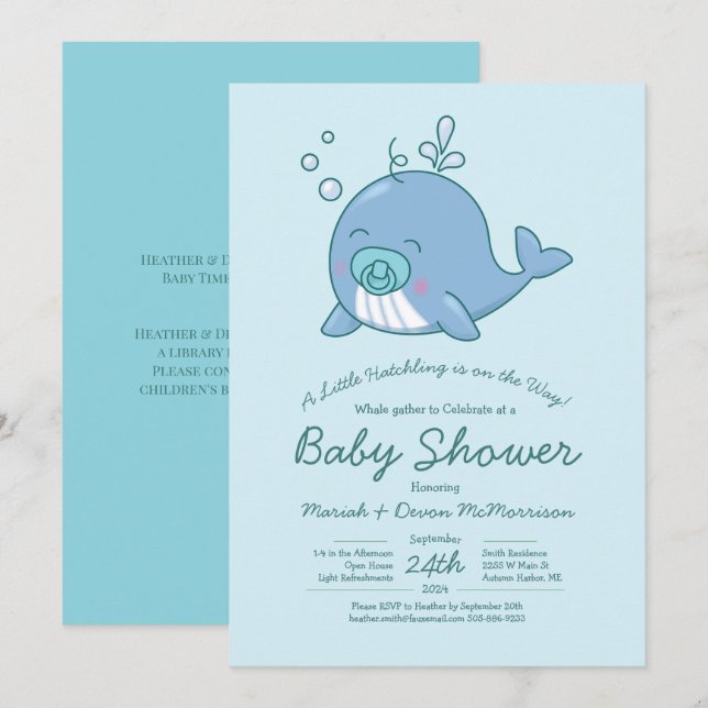 Niedlich Whale Baby Shower Kawaii Einladung Boy Bl (Vorne/Hinten)